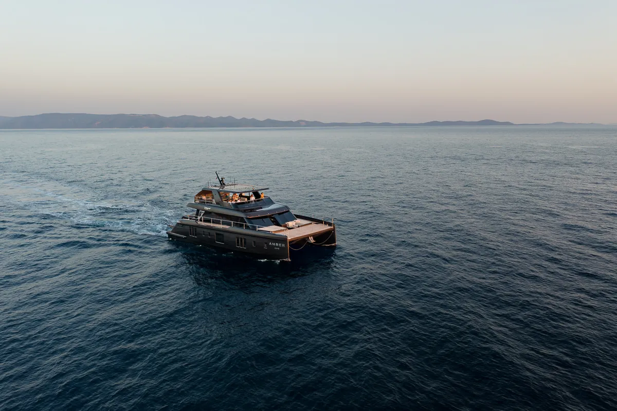 Exterior view of Amber One, a Sunreef Yachts Sunreef 70 Power catamaran at Grad Kaštela, Croatia