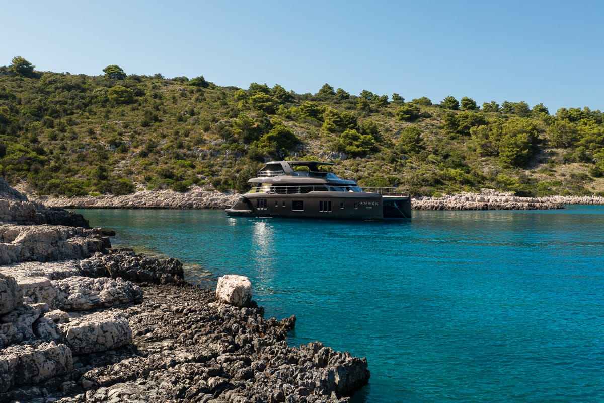 Exterior view of Amber One, a Sunreef Yachts Sunreef 70 Power catamaran at Grad Kaštela, Croatia