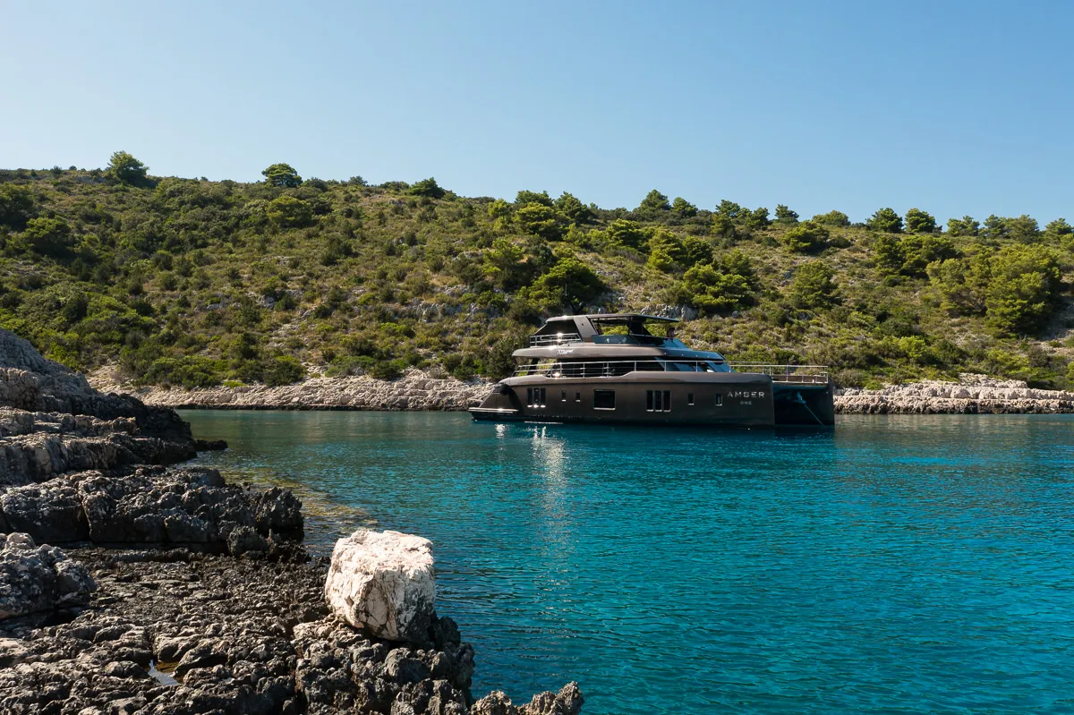 Exterior view of Amber One, a Sunreef Yachts Sunreef 70 Power catamaran at Grad Kaštela, Croatia