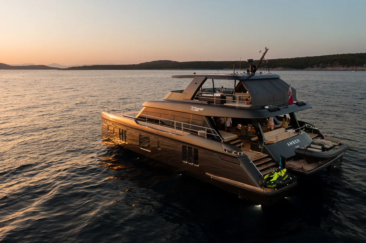 Exterior view of Amber One, a Sunreef Yachts Sunreef 70 Power catamaran at Grad Kaštela, Croatia