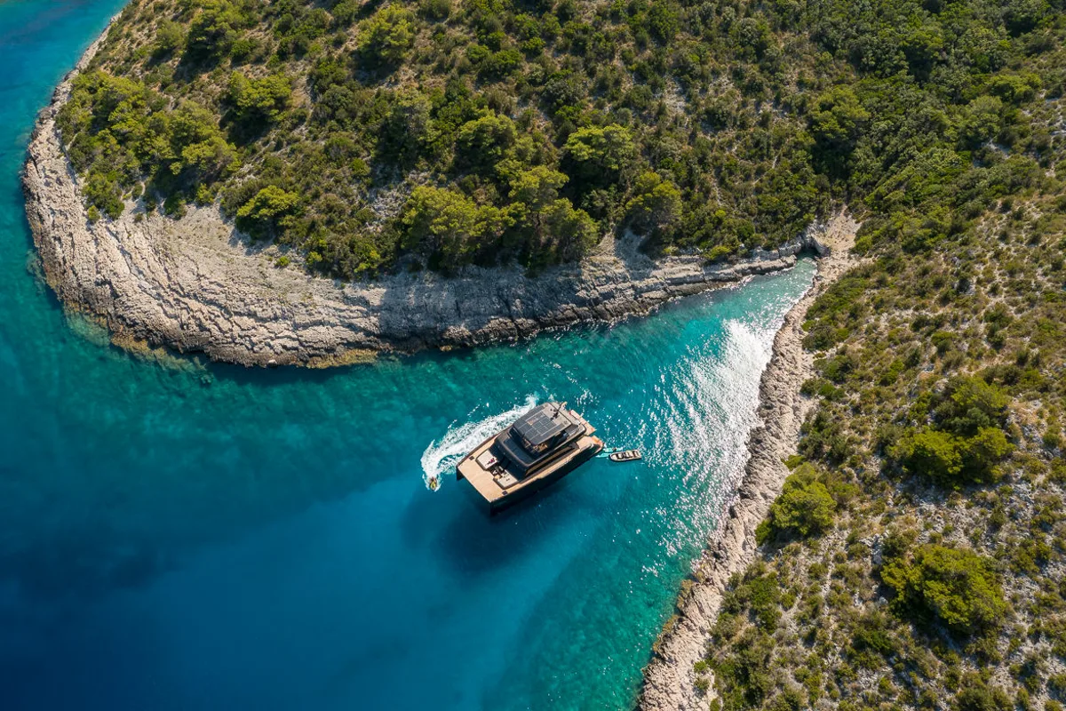 Exterior view of Amber One, a Sunreef Yachts Sunreef 70 Power catamaran at Grad Kaštela, Croatia