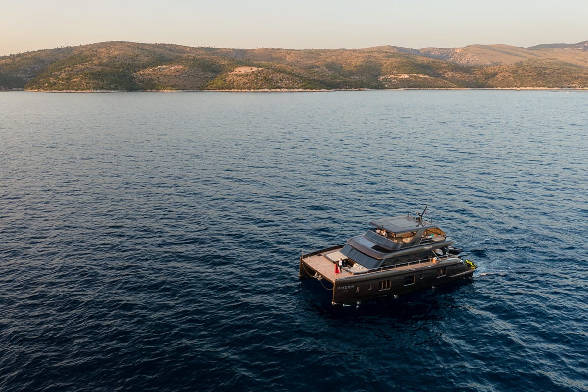 Exterior view of Amber One, a Sunreef Yachts Sunreef 70 Power catamaran at Grad Kaštela, Croatia