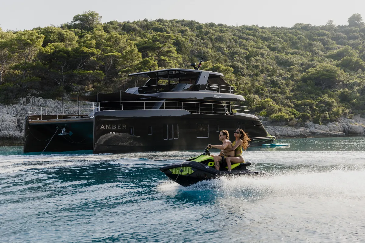Exterior view of Amber One, a Sunreef Yachts Sunreef 70 Power catamaran at Grad Kaštela, Croatia
