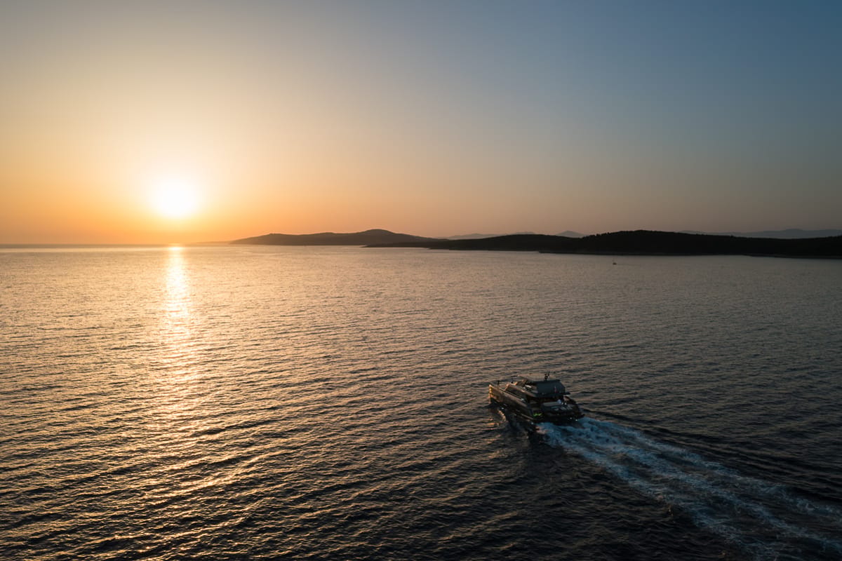Exterior view of Amber One, a Sunreef Yachts Sunreef 70 Power catamaran at Grad Kaštela, Croatia