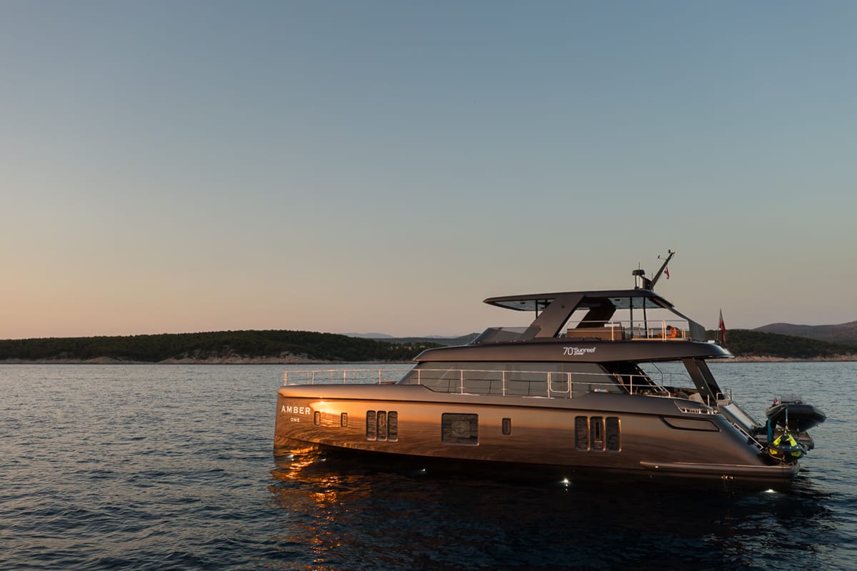 Exterior view of Amber One, a Sunreef Yachts Sunreef 70 Power catamaran at Grad Kaštela, Croatia
