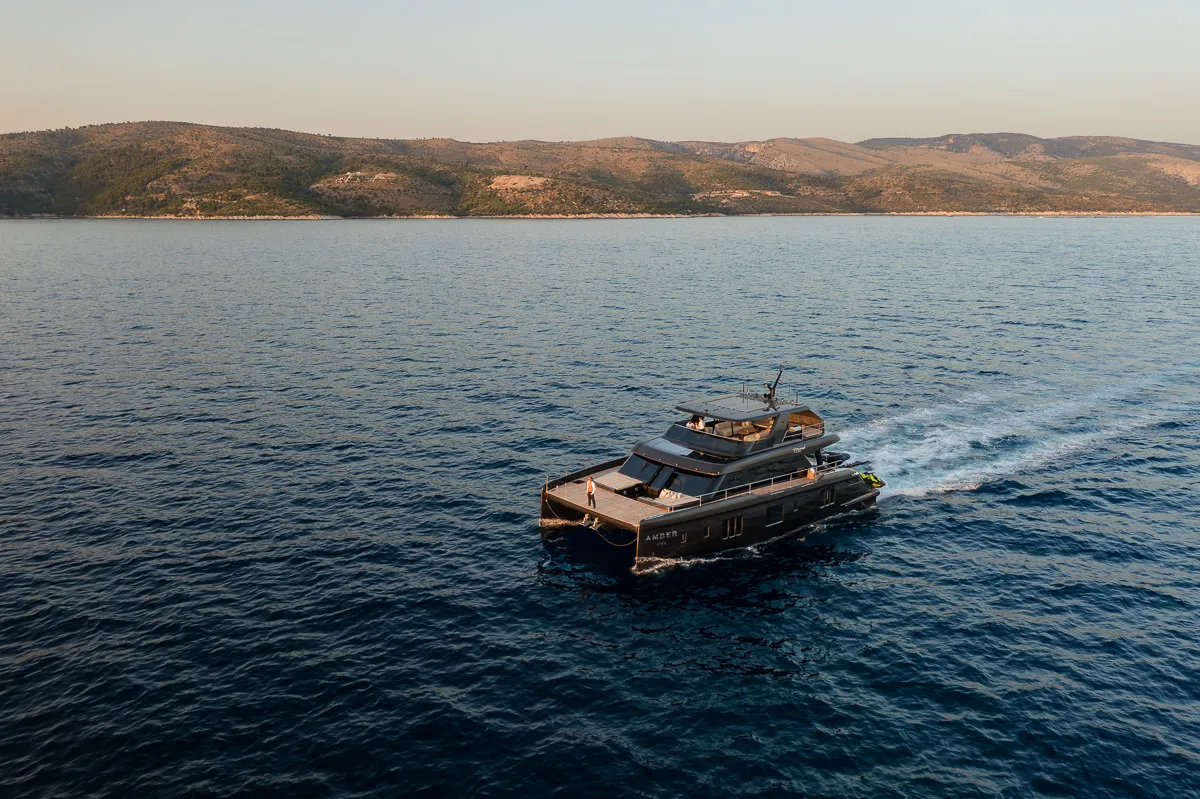 Exterior view of Amber One, a Sunreef Yachts Sunreef 70 Power catamaran at Grad Kaštela, Croatia