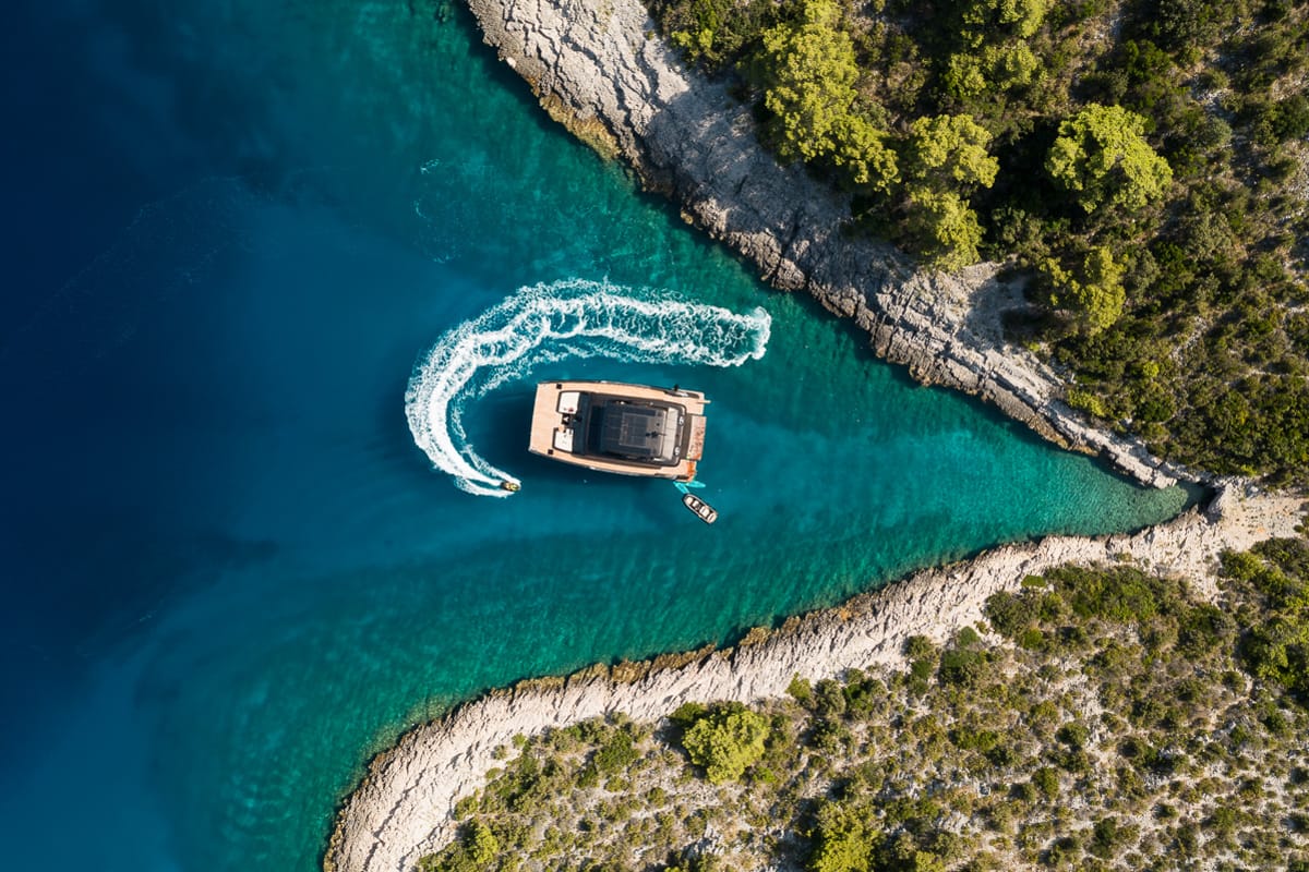 Exterior view of Amber One, a Sunreef Yachts Sunreef 70 Power catamaran at Grad Kaštela, Croatia