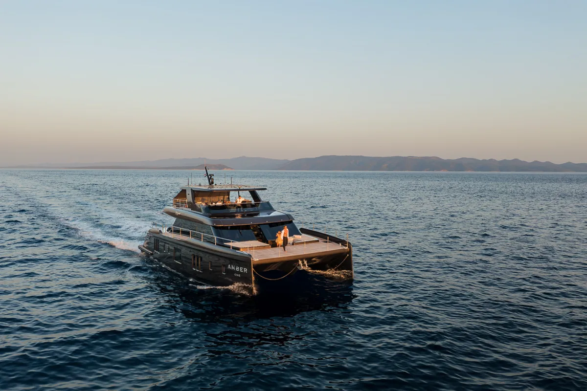 Exterior view of Amber One, a Sunreef Yachts Sunreef 70 Power catamaran at Grad Kaštela, Croatia