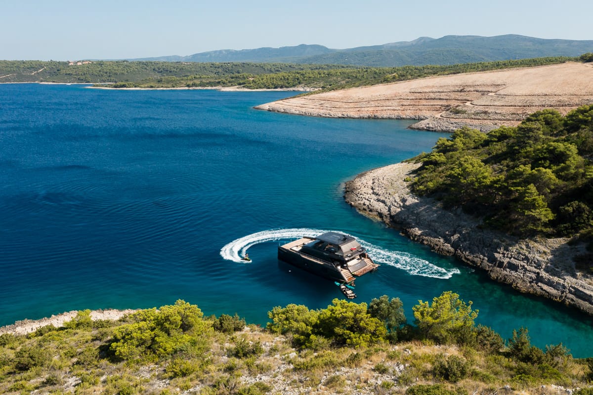 Exterior view of Amber One, a Sunreef Yachts Sunreef 70 Power catamaran at Grad Kaštela, Croatia