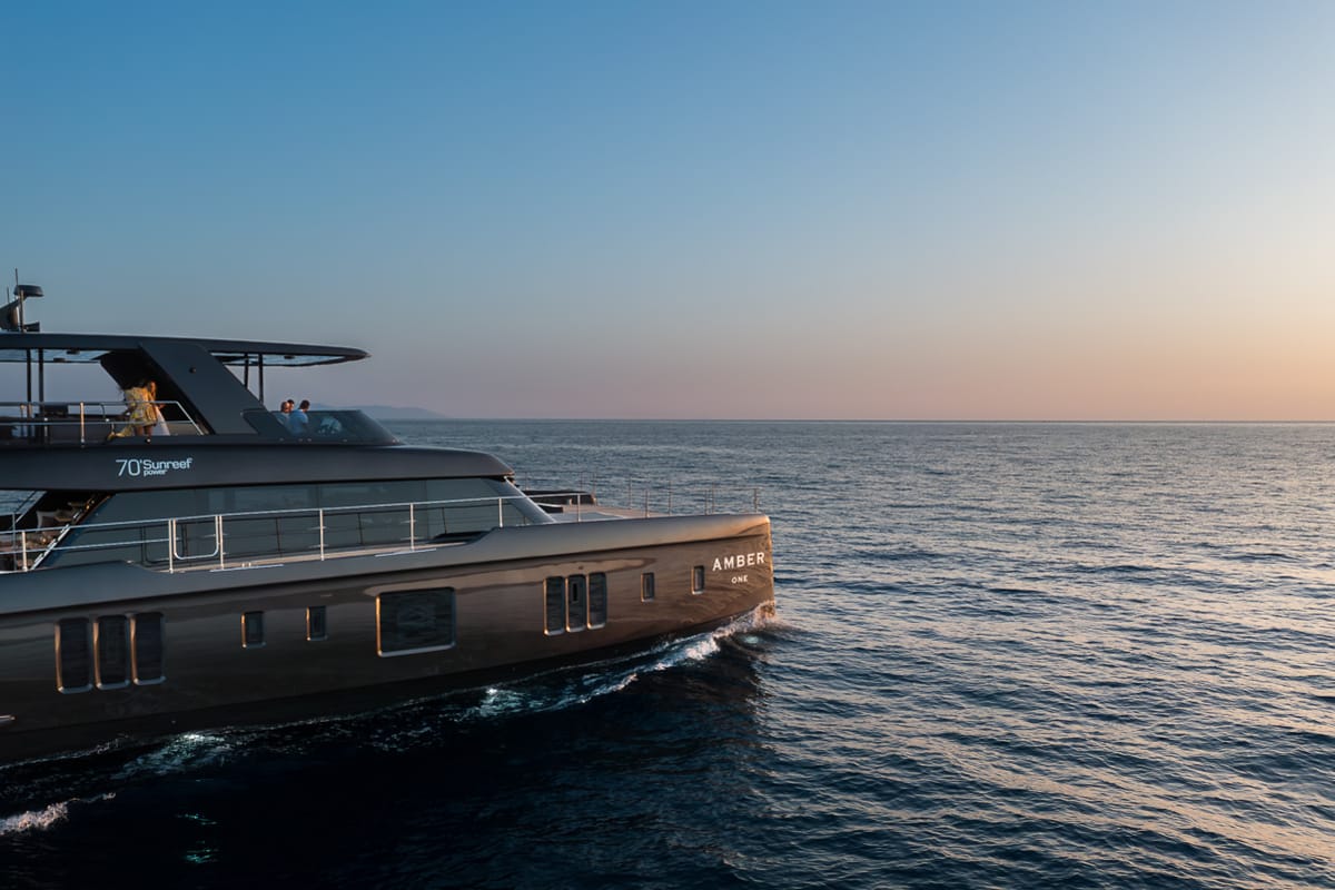 Exterior view of Amber One, a Sunreef Yachts Sunreef 70 Power catamaran at Grad Kaštela, Croatia