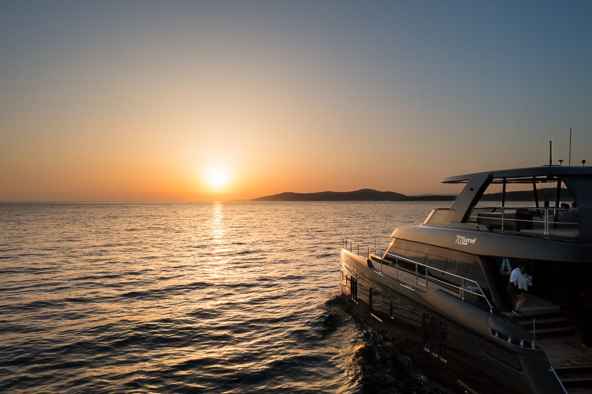Exterior view of Amber One, a Sunreef Yachts Sunreef 70 Power catamaran at Grad Kaštela, Croatia