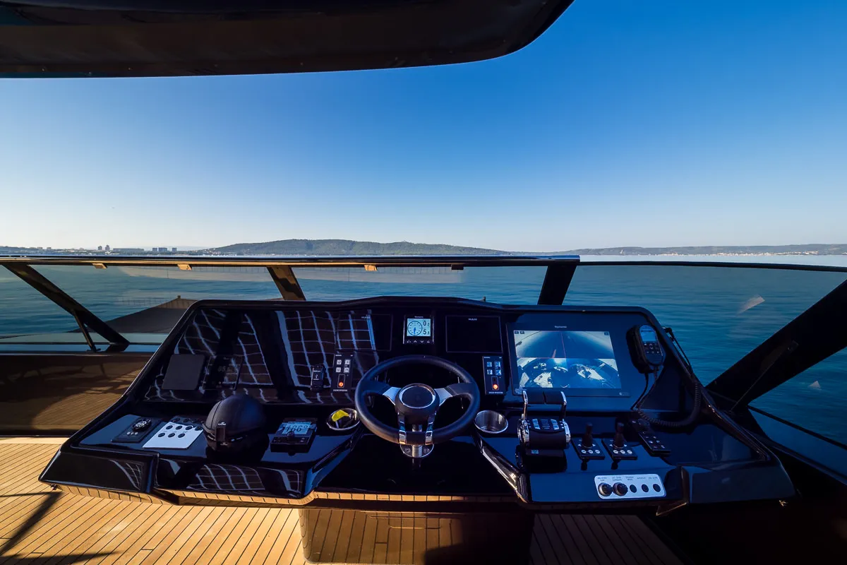 Cockpit of Amber One, a Sunreef Yachts Sunreef 70 Power catamaran at Grad Kaštela, Croatia
