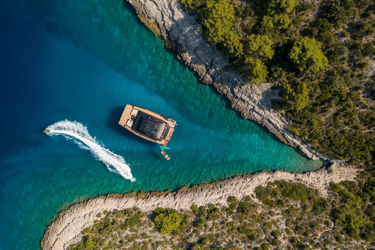 Exterior view of Amber One, a Sunreef Yachts Sunreef 70 Power catamaran at Grad Kaštela, Croatia