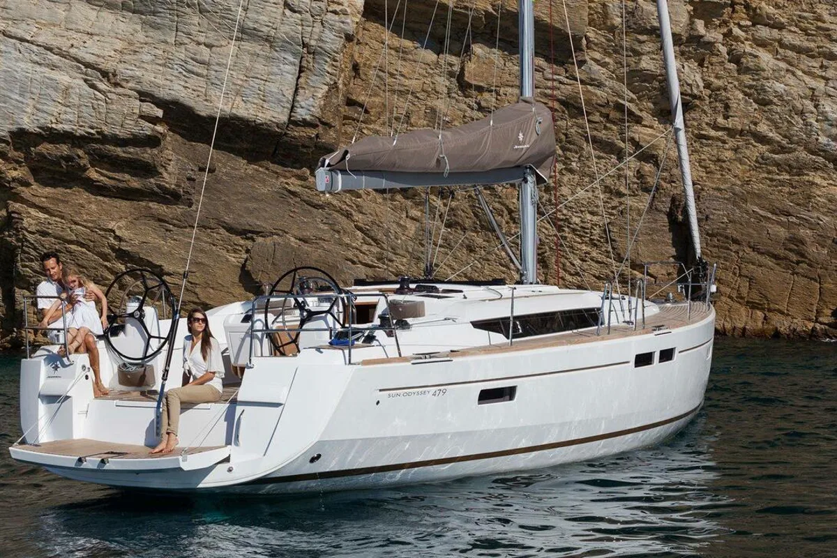 Exterior view of Horizon, a Jeanneau Sun Odyssey 479 sailboat at Općina Rogoznica, Croatia