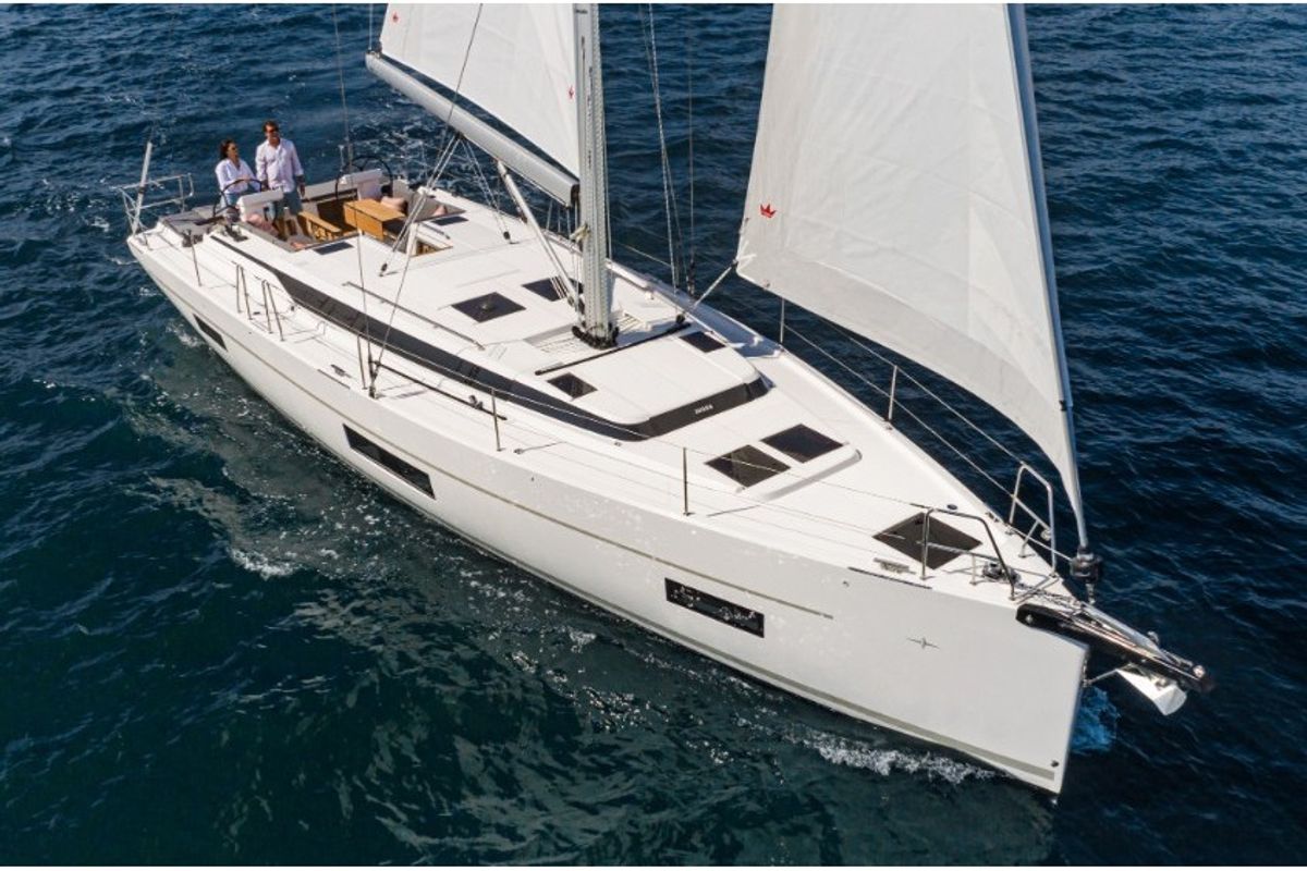 Exterior view of Lego, a Bavaria C45 sailboat at Municipal Unit of Lefkada, Greece