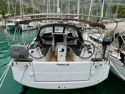 Cockpit of Thalia, a Jeanneau Sun Odyssey 410 sailboat at Split, Croatia