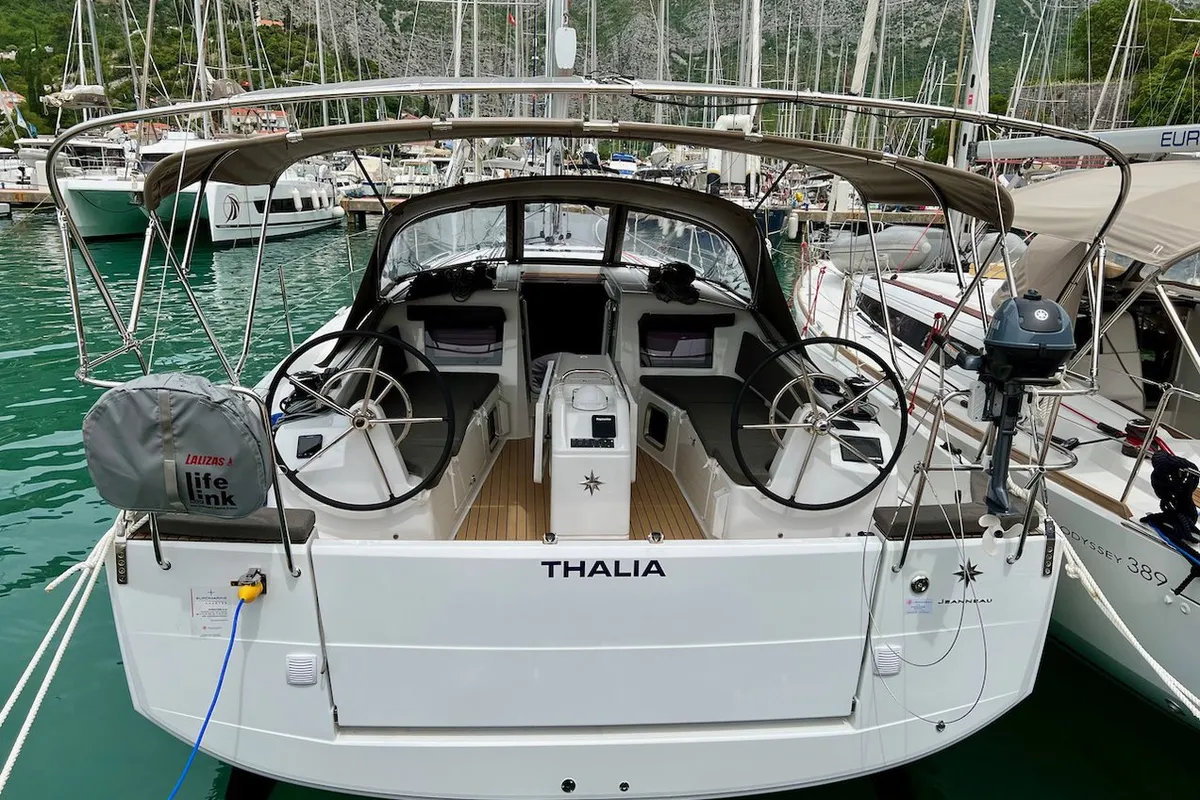 Cockpit of Thalia, a Jeanneau Sun Odyssey 410 sailboat at Split, Croatia