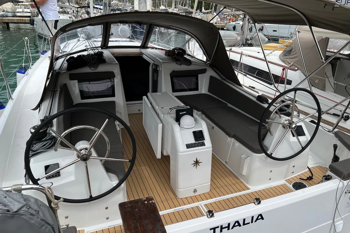 Cockpit of Thalia, a Jeanneau Sun Odyssey 410 sailboat at Split, Croatia