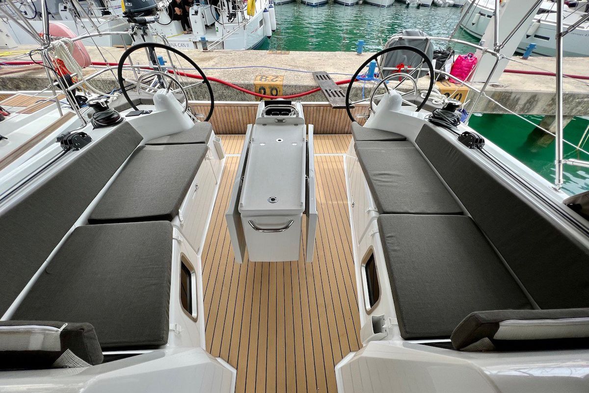 Deck of Thalia, a Jeanneau Sun Odyssey 410 sailboat at Split, Croatia