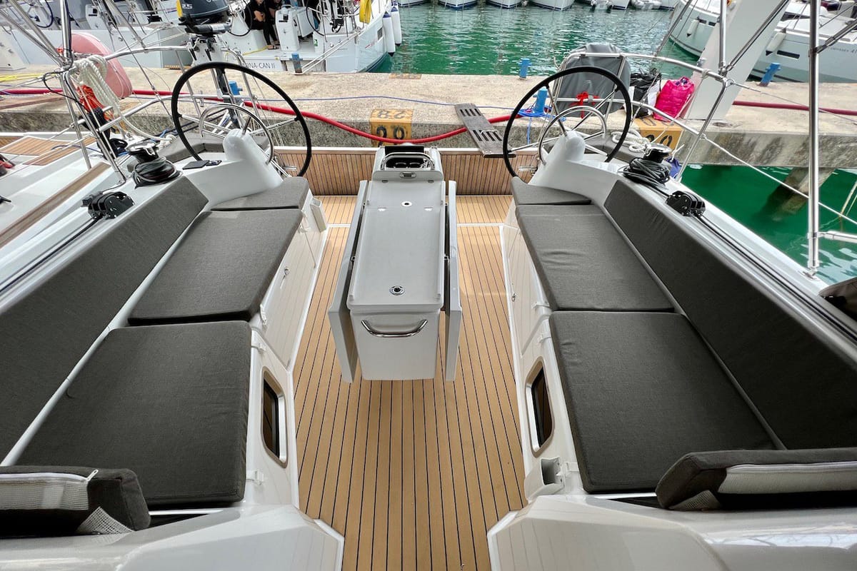 Cockpit of Thalia, a Jeanneau Sun Odyssey 410 sailboat at Split, Croatia