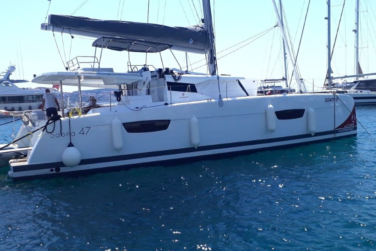 Exterior view of DESAFINADO, a Fountaine Pajot Saona 47 catamaran at Seget Donji, Croatia