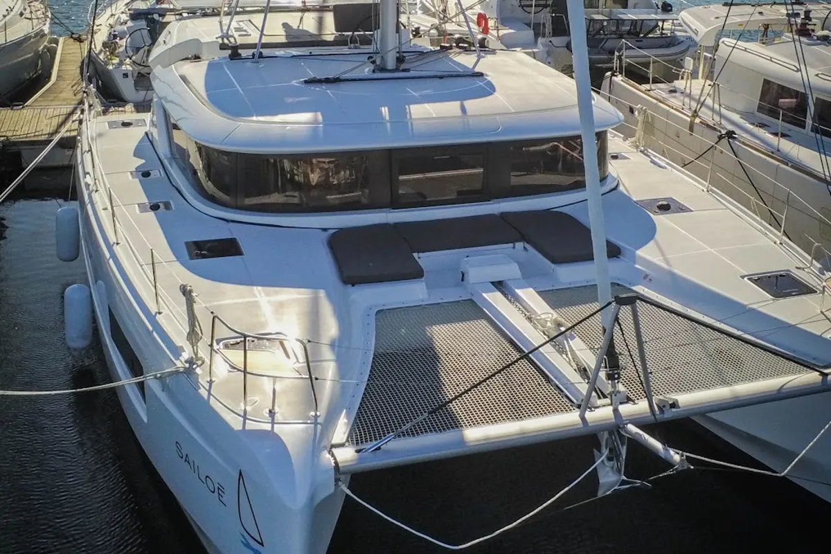Exterior view of Cari, a Lagoon 46 catamaran at Eden Island Marina, Seychelles