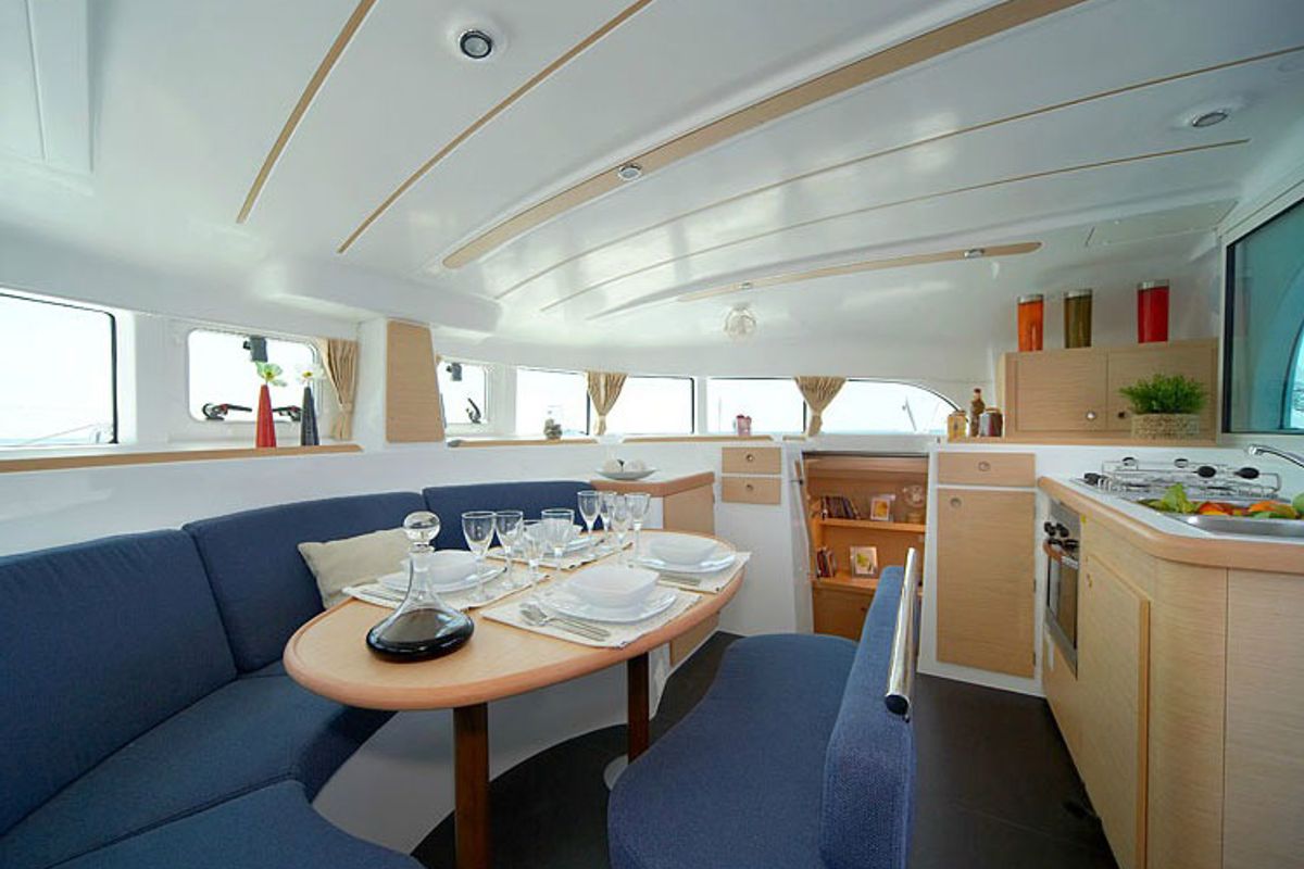 Salon of Butterfly, a Lagoon 380 catamaran at Parikia, Greece
