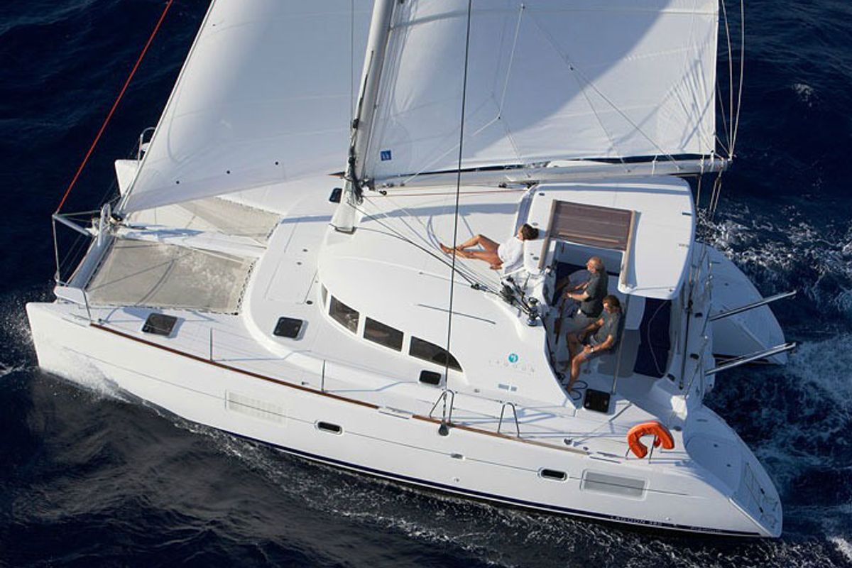 Exterior view of Butterfly, a Lagoon 380 catamaran at Parikia, Greece