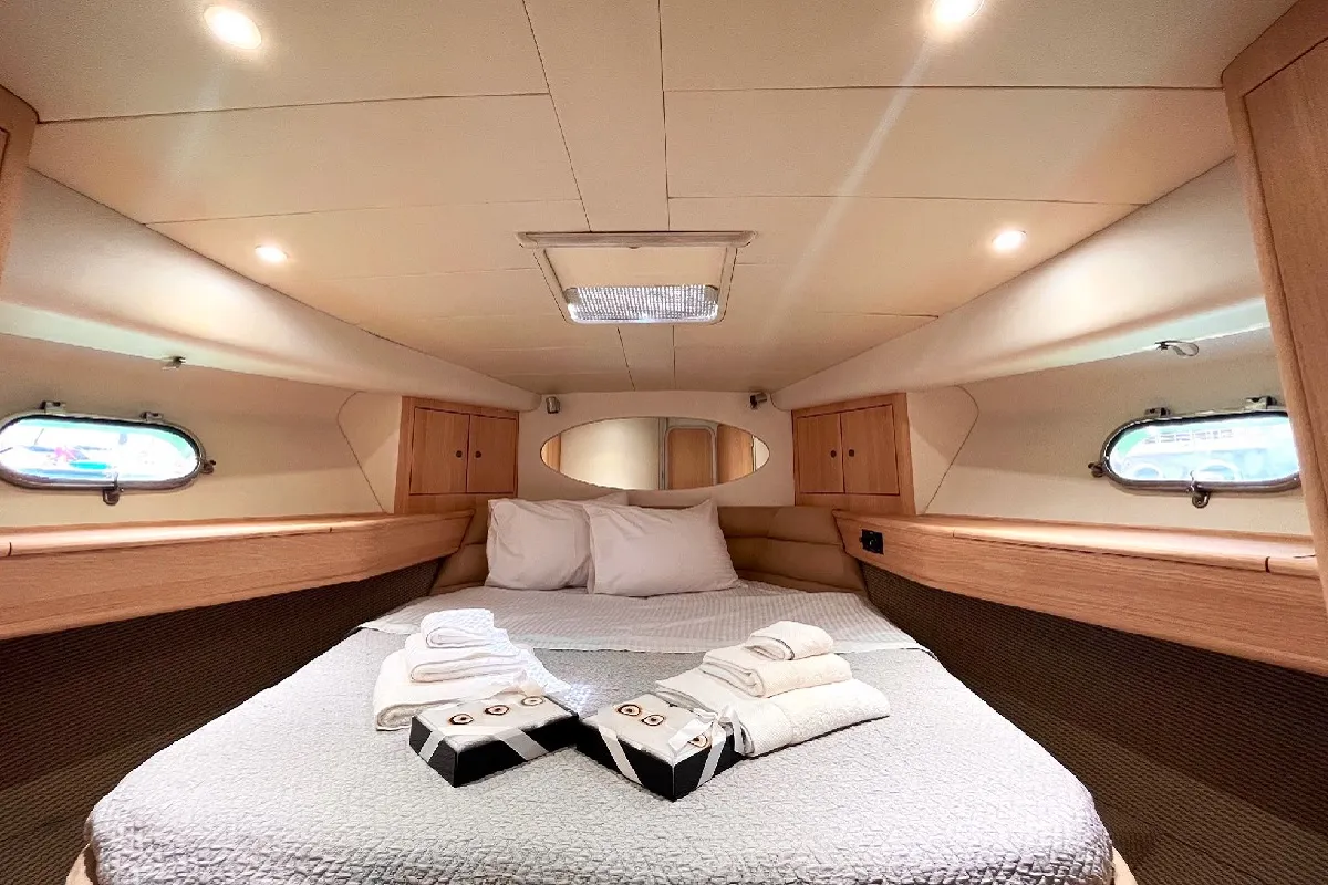 Cabin on Margo, a Princess Yachts Princess 470 motorboat at Piraeus, Greece