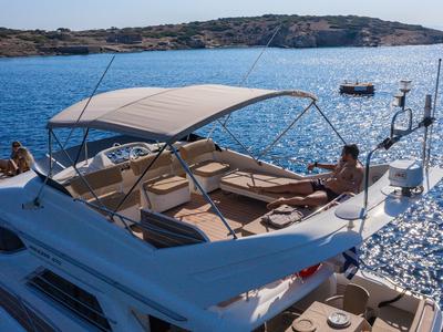 Cockpit of Margo, a Princess Yachts Princess 470 motorboat at Piraeus, Greece