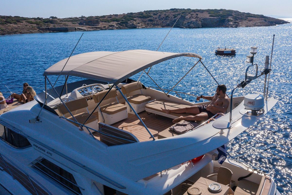 Cockpit of Margo, a Princess Yachts Princess 470 motorboat at Piraeus, Greece