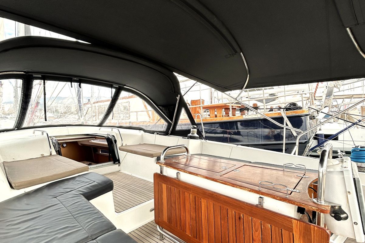 Cockpit of Messenger, a Jeanneau 57 sailboat at Athens, Greece
