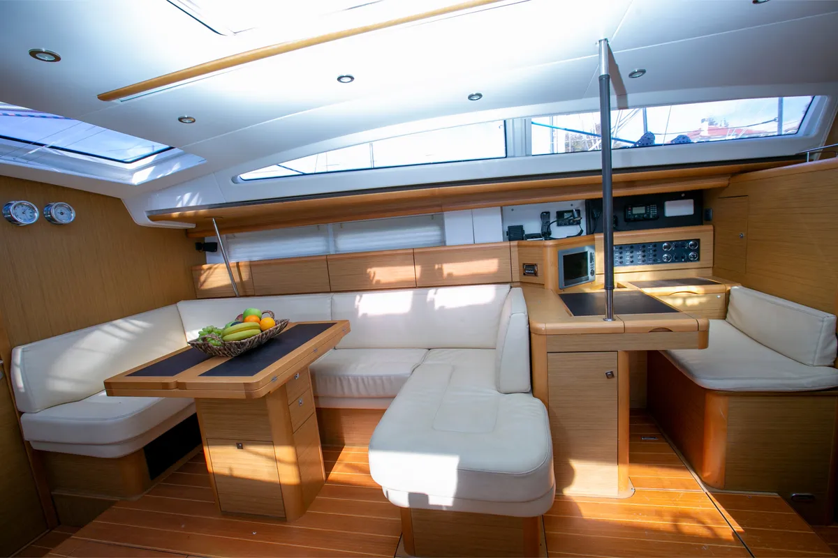 Salon of Messenger, a Jeanneau 57 sailboat at Athens, Greece
