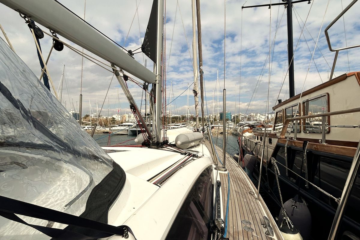 Deck of Messenger, a Jeanneau 57 sailboat at Athens, Greece