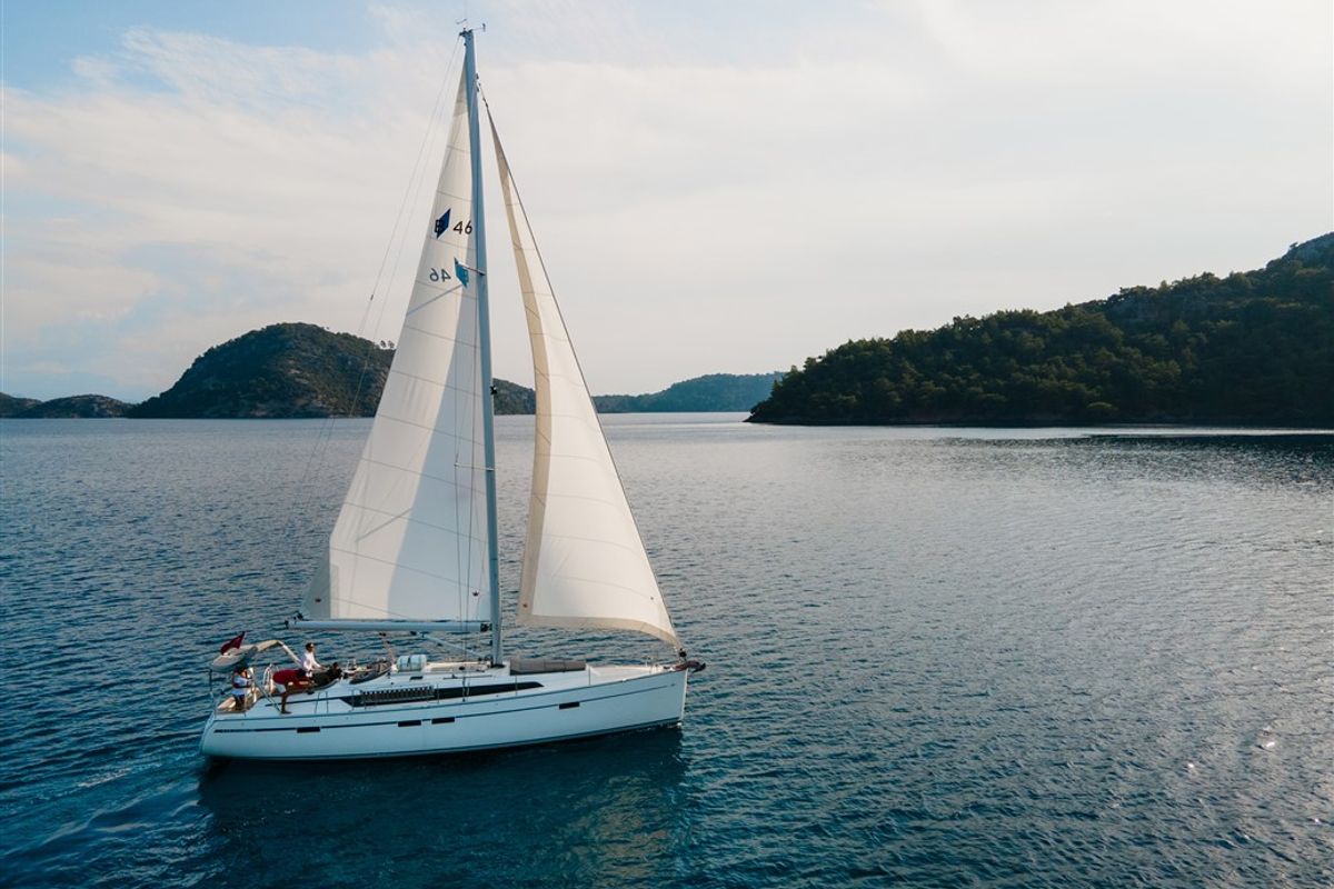 Exterior view of Barcelona, a Bavaria Cruiser 46 sailboat at Fethiye, Turkey