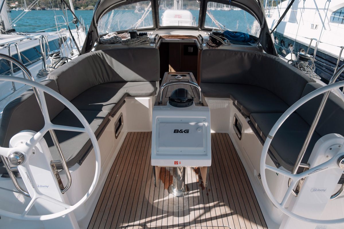 Cockpit of Barcelona, a Bavaria Cruiser 46 sailboat at Fethiye, Turkey