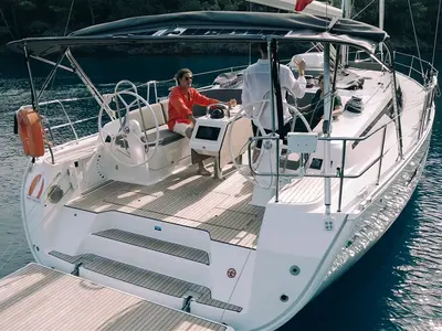 Deck of Barcelona, a Bavaria Cruiser 46 sailboat at Fethiye, Turkey