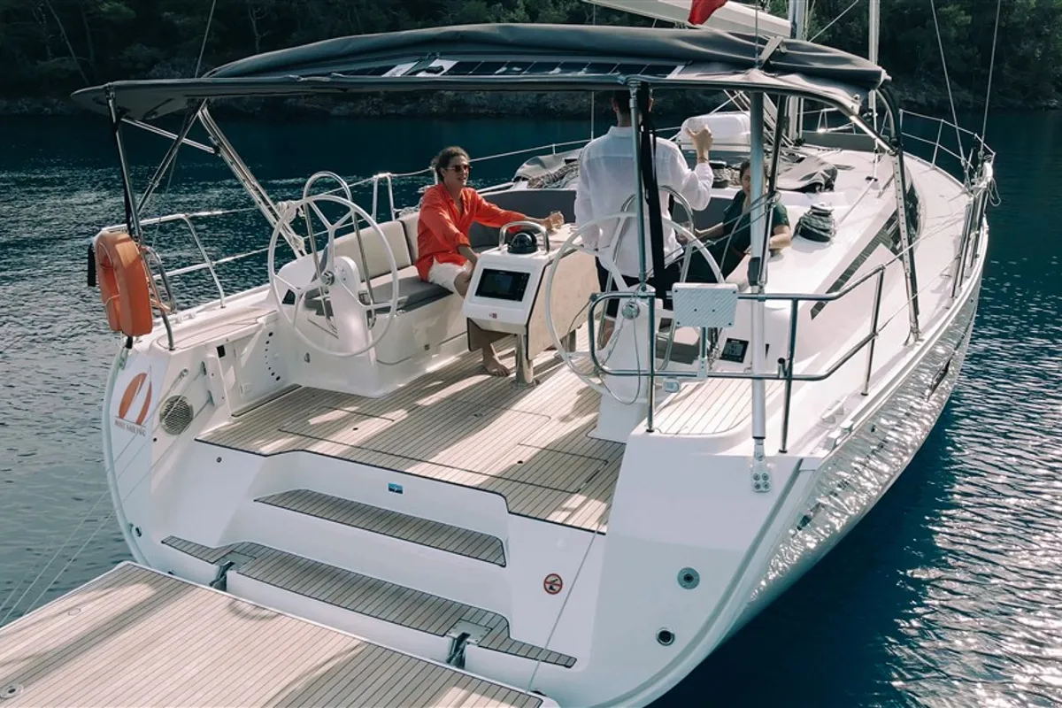Deck of Barcelona, a Bavaria Cruiser 46 sailboat at Fethiye, Turkey