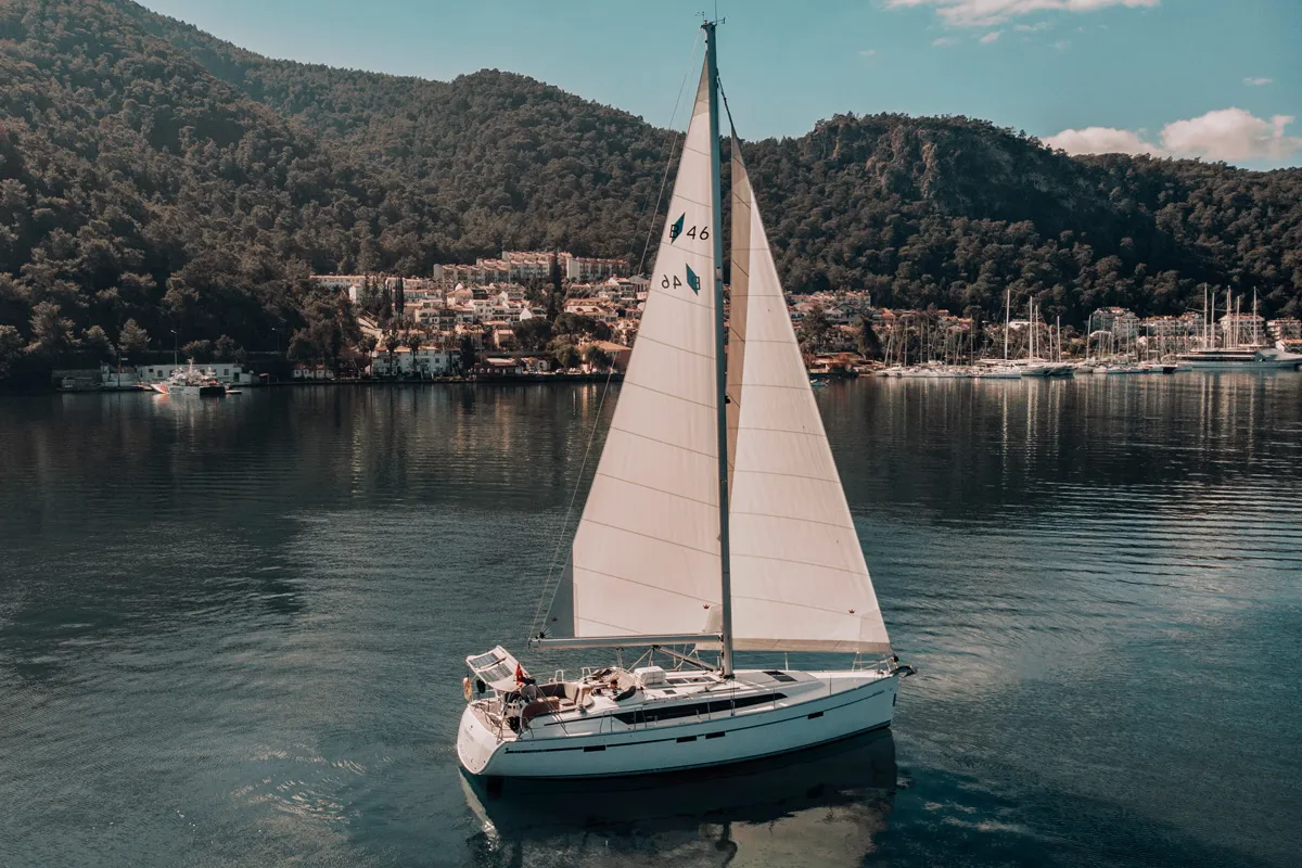 Exterior view of Barcelona, a Bavaria Cruiser 46 sailboat at Fethiye, Turkey