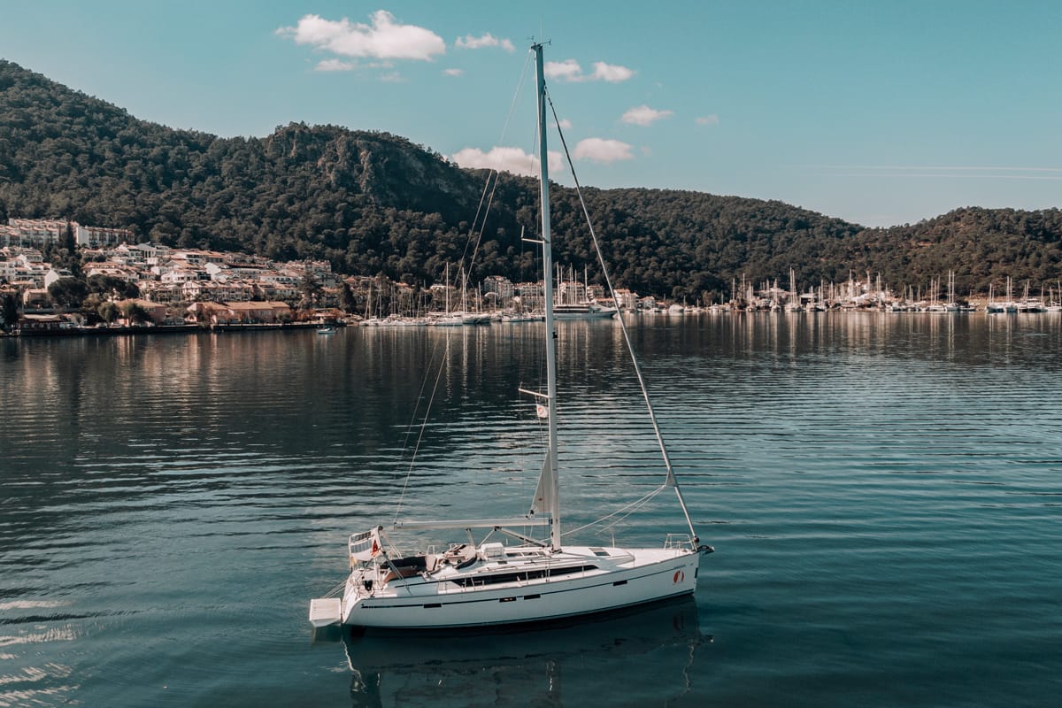 Exterior view of Barcelona, a Bavaria Cruiser 46 sailboat at Fethiye, Turkey