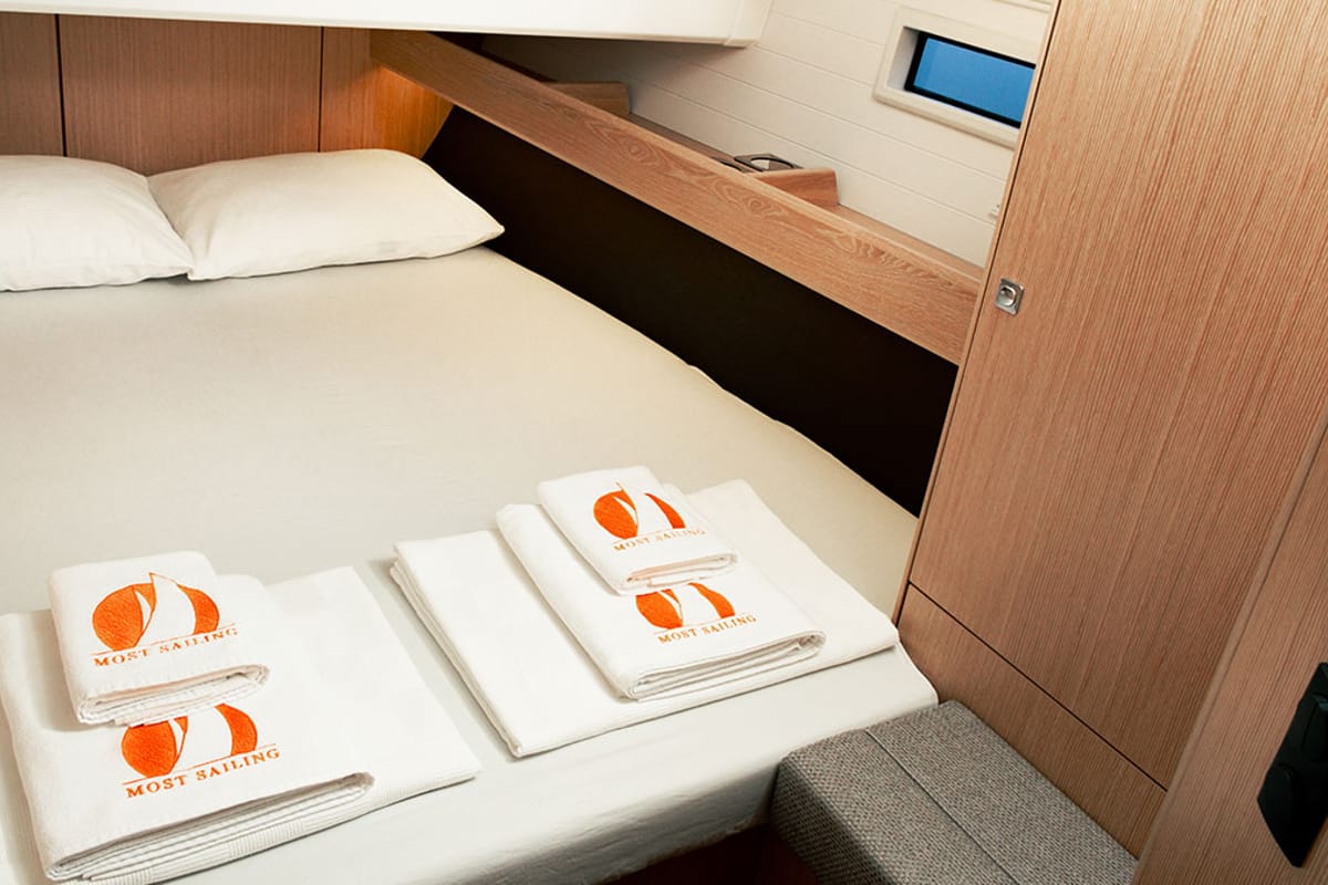 Cabin on Barcelona, a Bavaria Cruiser 46 sailboat at Fethiye, Turkey