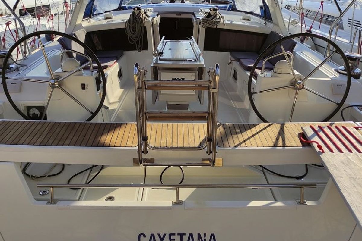 Cockpit of Cayetana, a Beneteau Oceanis 48 sailboat at Tonnarella, Italy