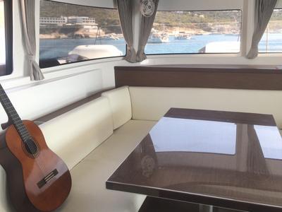 Salon of Margeo XVII, a Lagoon 46 catamaran at Athens, Greece