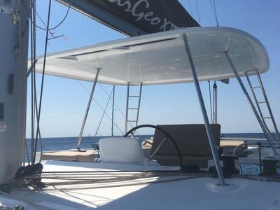 Cockpit of Margeo XVII, a Lagoon 46 catamaran at Athens, Greece