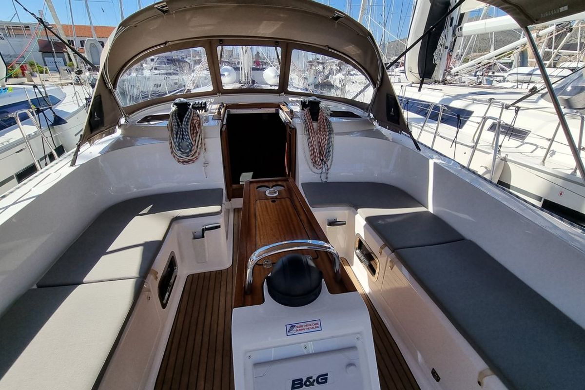Cockpit of Iustitia, a Bavaria Cruiser 46 sailboat at Split, Croatia