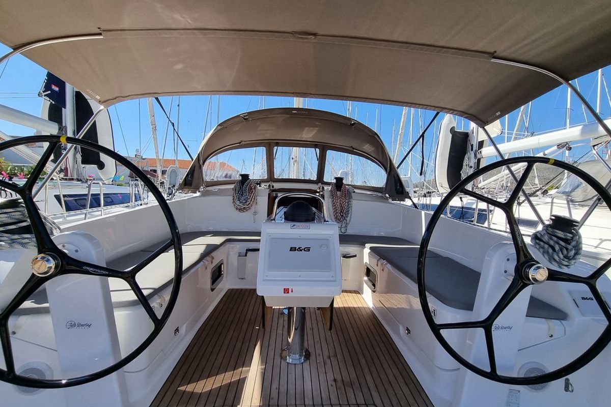 Cockpit of Iustitia, a Bavaria Cruiser 46 sailboat at Split, Croatia