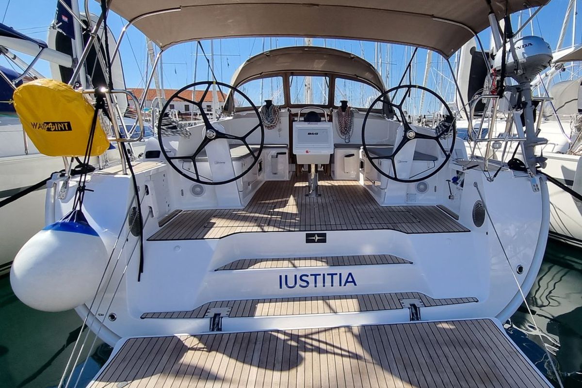 Exterior view of Iustitia, a Bavaria Cruiser 46 sailboat at Split, Croatia