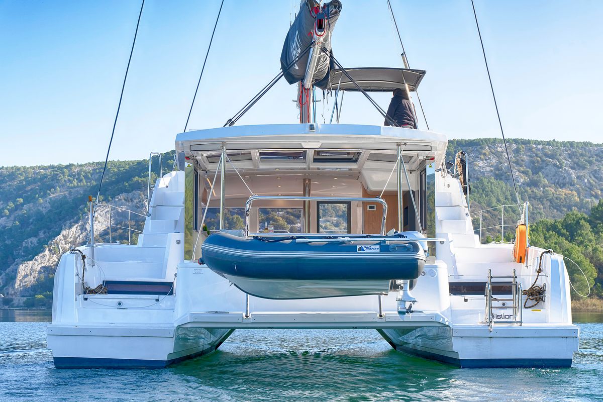 Exterior view of First Feeling, a Bali 4.2 catamaran at Skradin, Croatia