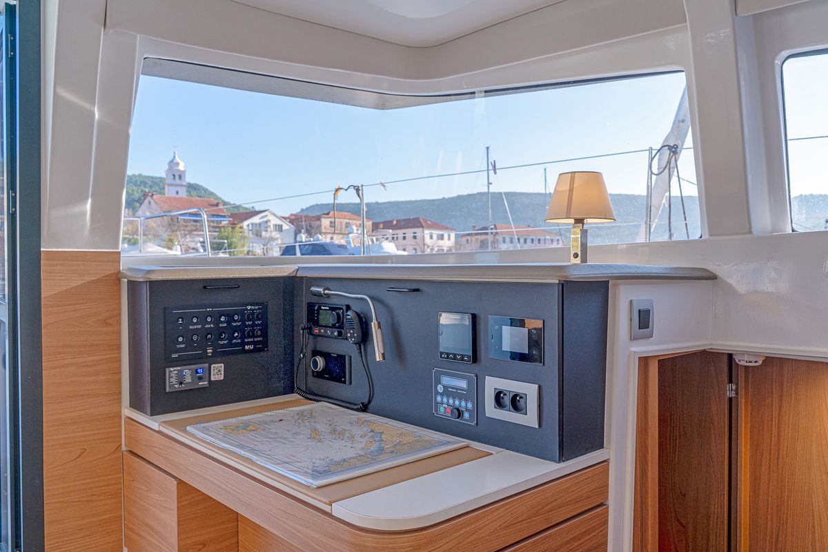 Cockpit of First Feeling, a Bali 4.2 catamaran at Skradin, Croatia