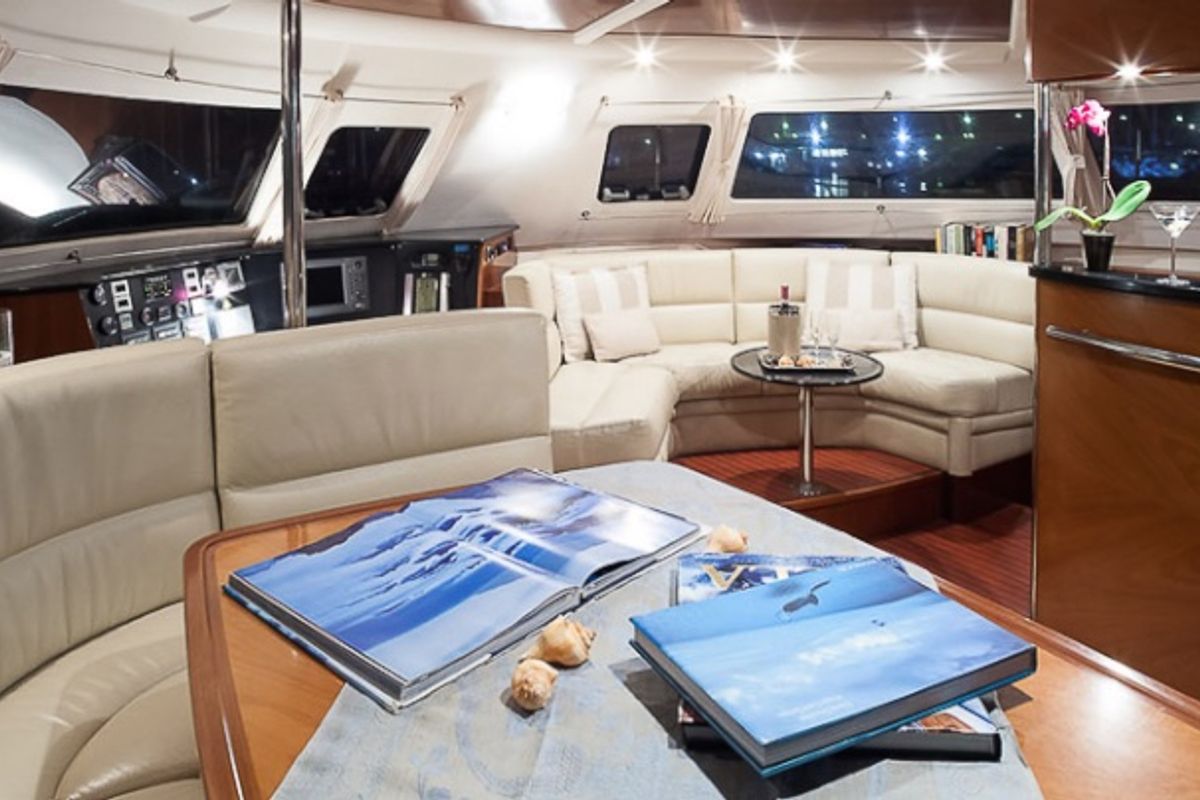 Salon of Whale, a Fountaine Pajot Eleuthera 60 catamaran at Palermo, Italy